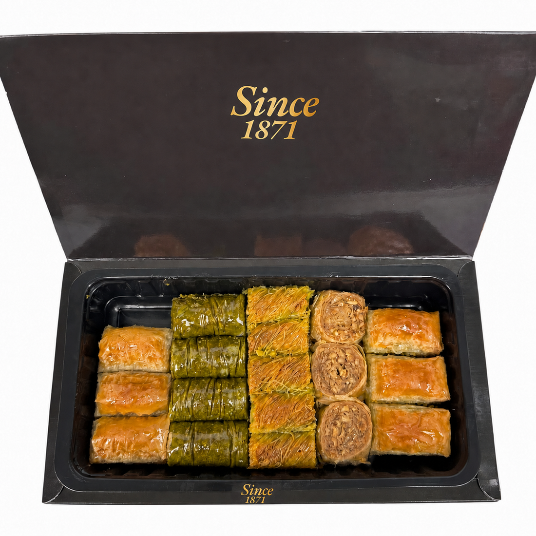 Since 1871 assorted baklava gift box, ribbon-wrapped