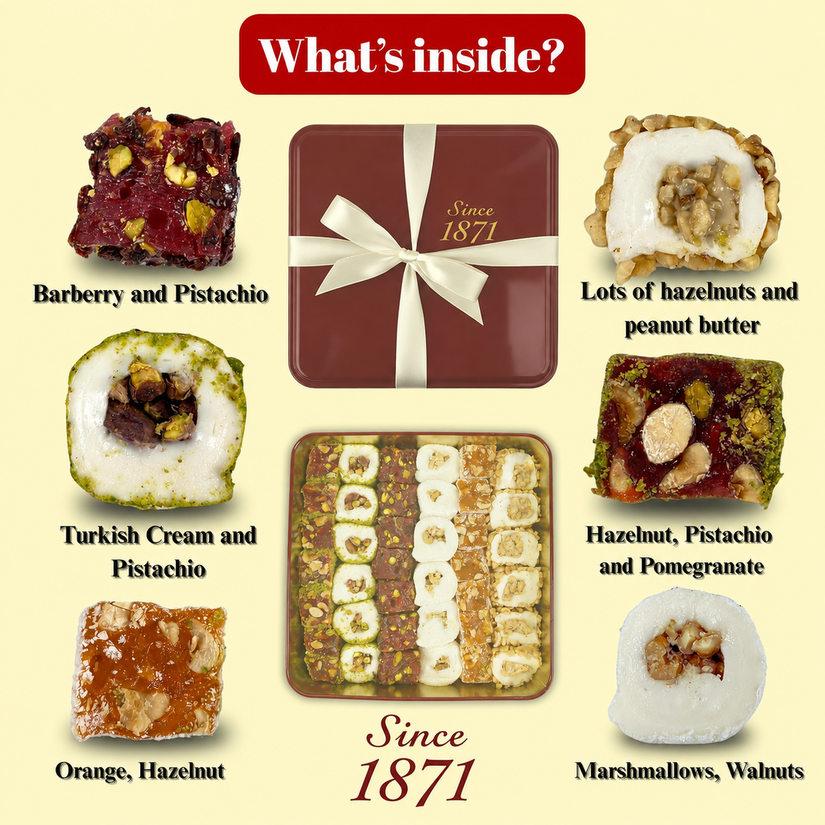 Assorted Turkish Delight 1000g | Since 1871 SEO description: Enjoy Since 1871 assorted Turkish delight, approx. 36-39 pieces in a 1000g box, freshly shipped daily from Istanbul. Rosewater, citrus and pistachio varieties.