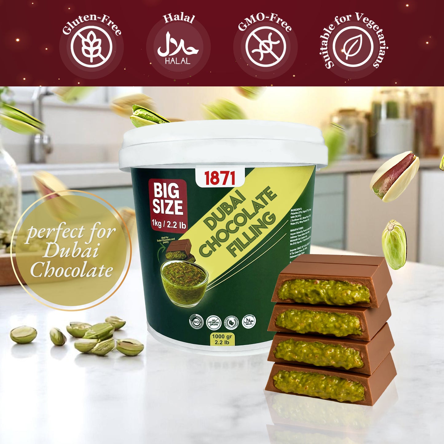 Dubai Chocolate Filling 1kg - Pistachio Cream with Kadayif Bulk