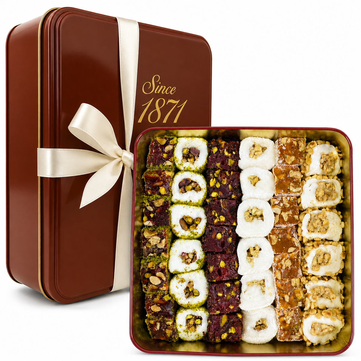 Assorted Turkish Delight 1000g | Since 1871 SEO description: Enjoy Since 1871 assorted Turkish delight, approx. 36-39 pieces in a 1000g box, freshly shipped daily from Istanbul. Rosewater, citrus and pistachio varieties.