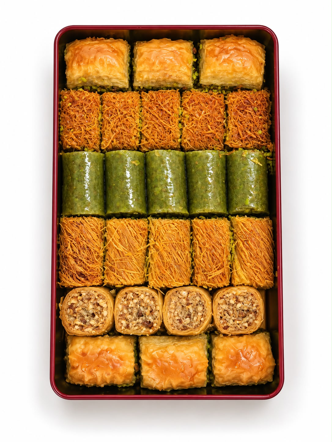 Top view of assorted Turkish baklava tray