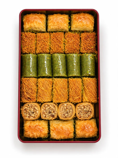 Top view of assorted Turkish baklava tray