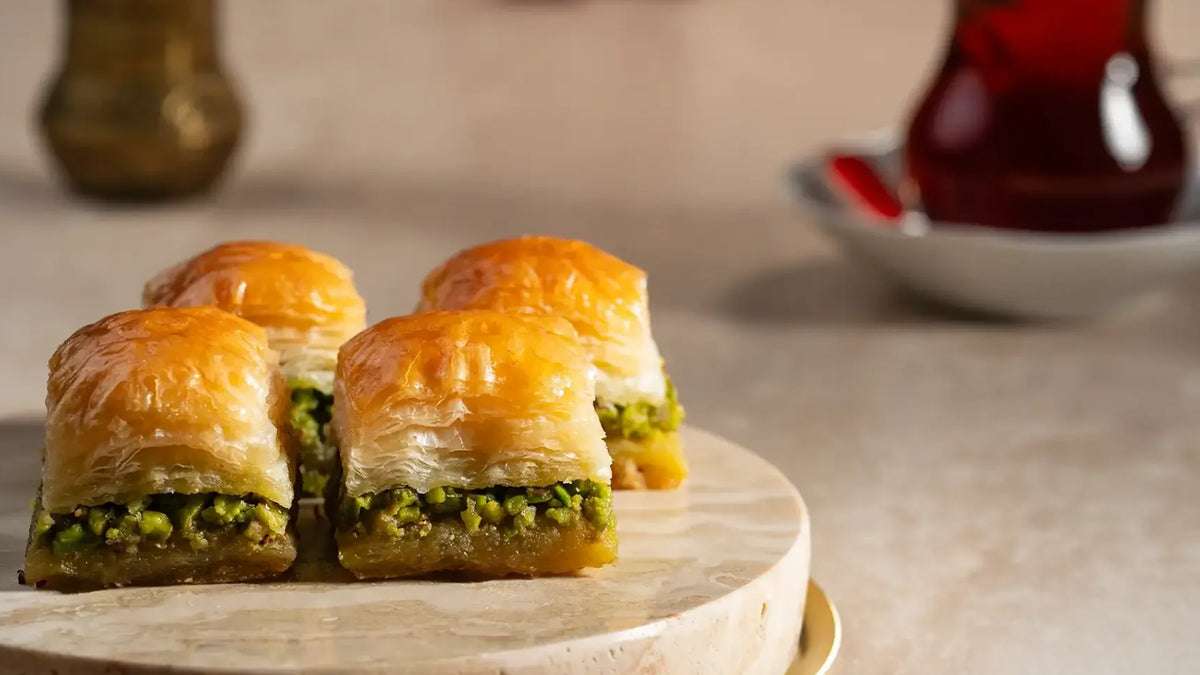 Close-up of pistachio baklava pieces