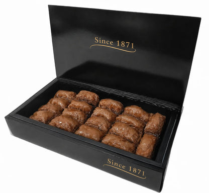 Open Since 1871 gift box with chocolate baklava